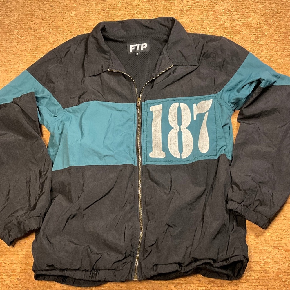 FTP 187 Streetwear Windbreaker Jacket Black Teal Zip Small Rare